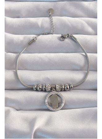 316L Çelik Gümüş Renk Zirkon Taş Aksesuarlı Fatma Ana Eli Bileklik