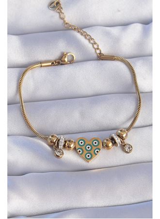 316L Çelik Gold Renk Zirkon Taşlı Nazarlı Kalp Tasarımlı Bileklik