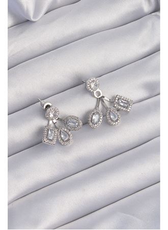 Pirinç Gümüş Renk Zirkon Taşlı Geometrik Model Küpe