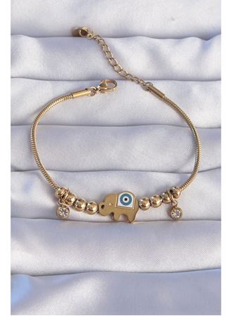 316L Çelik Gold Renk Zirkon Taşlı Nazarlı Fil Tasarımlı Bileklik