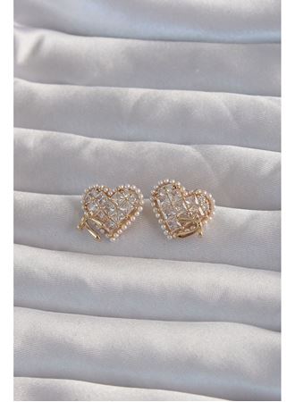Pirinç Gold Renk Fiyonk Detay İncili Zirkon Taşlı Kalp Küpe