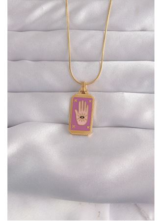 316L Çelik Gold Renk Mor Mineli El Figür Tarot Kolye