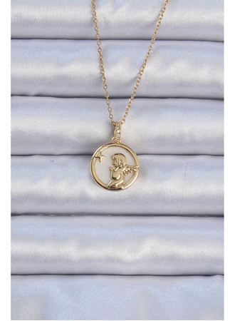 316L Çelik Zincir Altın Renk Zirkon Taşlı Mineli Melek Kolye