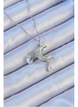 316L Çelik Zincir Gümüş Renk Zirkon Taşlı Kelebekli Mineli Ay Kolye