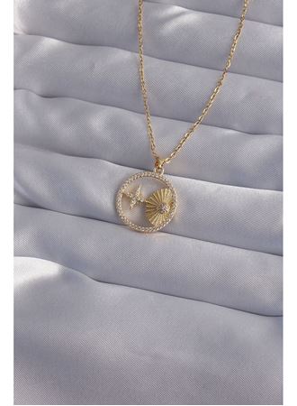316L Çelik Zincir Gold Renk Zirkon Taşlı Yıldız Figürlü Oval Kolye