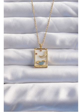 316L Çelik Zincir Gold Renk Ay Detay Mavi Zirkon Taşlı Tarot Kolye