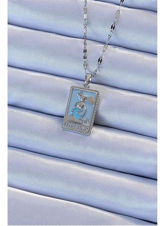 316L Çelik Zincir Gümüş Renk Mavi Mineli Tarot Kolye