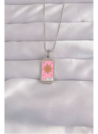 316L Çelik Gümüş Renk Pembe Mineli Güneş Model Tarot Kolye