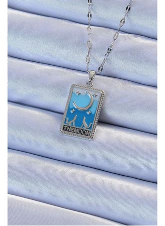 316L Çelik Zincir Gümüş Renk Mavi Mineli Ay Figür Tarot Kolye