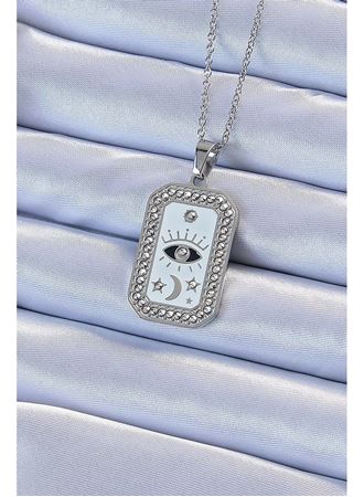 316L Çelik Zincir Gümüş Renk Mineli Zirkon Taşlı Göz Figür Tarot Kolye