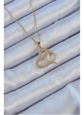 316L Çelik Zincir Altın Renk Zirkon Taşlı Yüzüklü Kalp Kolye