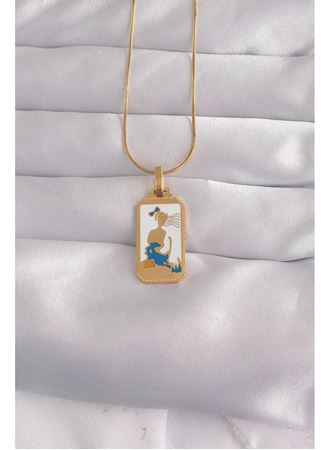 316L Çelik Gold Renk Beyaz Mineli Kız Figür Tarot Kolye