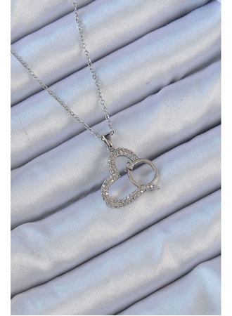 316L Çelik Zincir Gümüş Renk Zirkon Taşlı Yüzüklü Kalp Kolye