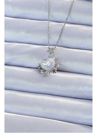 316L Çelik Zincir Gümüş Renk Zirkon Taşlı Gezegen Görünümlü Kalp Kolye