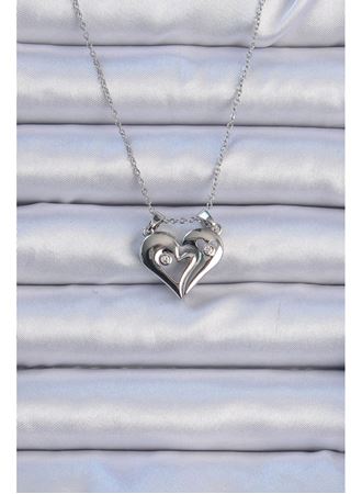 316L Çelik Zincir Gümüş Renk Zirkon Taşlı Mıknatıslı Kalp Kolye