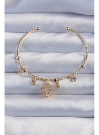Pirinç Altın Renk Zirkon Taşlı Yonca Model Charm Bileklik