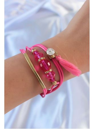 Pembe Zirkon Taşlı İpli Püskül Detay Çoklu Bileklik