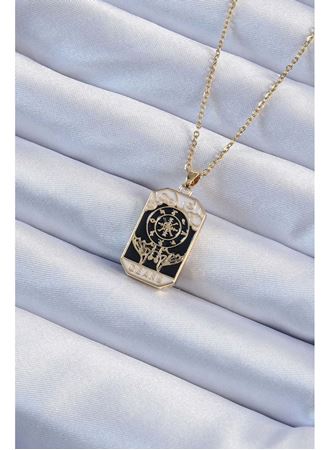 316L Çelik Zincir Altın Renk İşlemeli Siyah Mineli Tarot Kolye