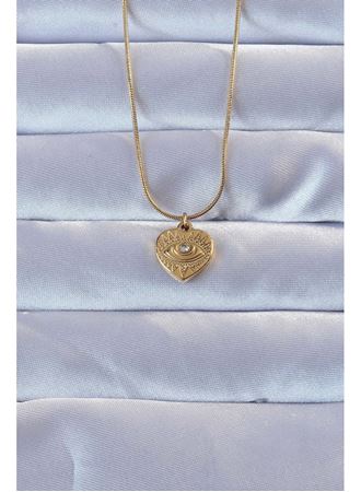 316L Altın Renk Zirkon Taşlı İşlemeli Göz Detay Kalp Kolye