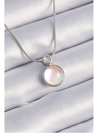 316L Çelik Gümüş Renk Beyaz Sedefli Vintage Model Kadın Kolye