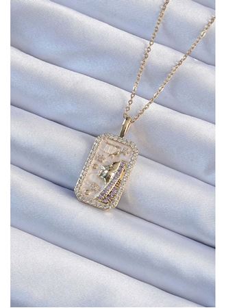 316L Çelik Zincir Altın Renk Zirkon Taşlı Yüz Figürlü Tarot Kolye