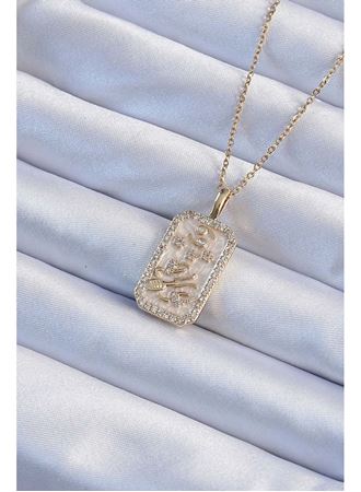 316L Çelik Zincir Altın Renk Zirkon Taşlı Çerçeveli Tarot Kolye