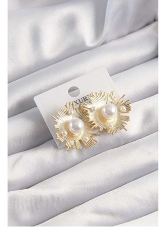 Pirinç Gold Renk Zirkon Taşlı Parlayan İnci Taneleri Küpe