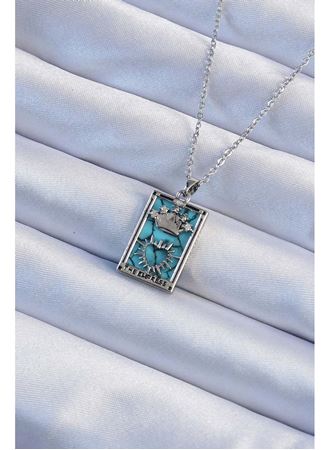 316L Çelik Zincir Gümüş Renk Zirkon Taşlı Mavi Mermer Desenli Taç Model Tarot Kolye