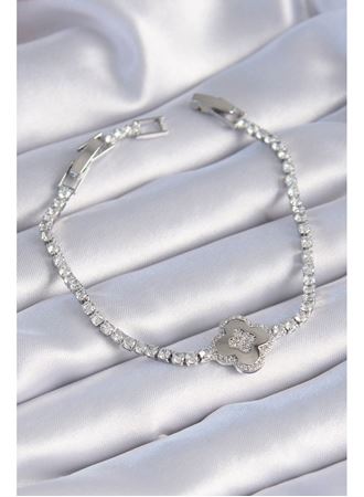 Pirinç Gümüş Renk Zirkon Taşlı Yonca Model Kadın Bileklik