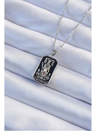316L Çelik Zincir Gümüş Renk Siyah Mineli Tarot Kolye