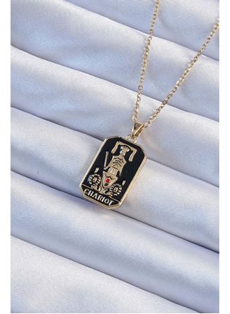 316L Çelik Zincir Altın Renk Siyah Mineli Tarot Kolye
