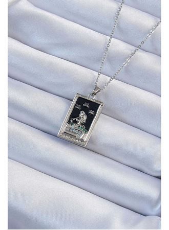 316L Çelik Zincir Gümüş Renk Zirkon Taşlı Siyah Mineli Kız Figürlü Tarot Kolye