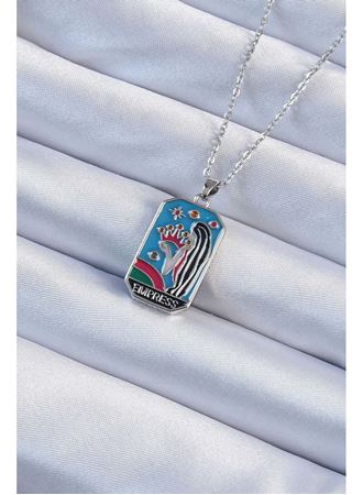 316L Çelik Zincir Gümüş Renk Taç ve Kız Figürlü Renkli Mineli Tarot Kolye