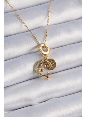 316L Çelik Gold Renk Zirkon Taşlı Ay Yıldız  Model Charm Model Kadın Kolye