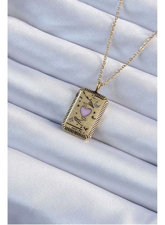 316L Çelik Zincir Eskitme Altın Renk Pembe Mineli Kalp Figürlü Tarot Kolye
