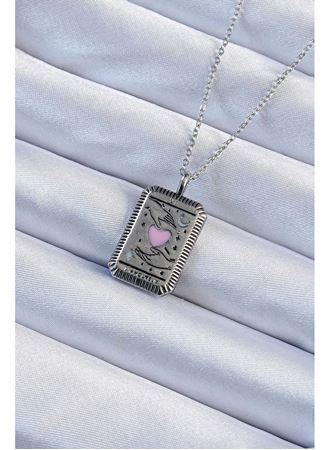 316L Çelik Zincir Eskitme Gümüş Renk Pembe Mineli Kalp Figürlü Tarot Kolye