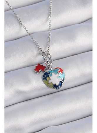 316L Çelik Gümüş Renk Yapboz Motif Kalp Figür Charm Model Kadın Kolye