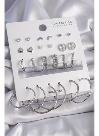 Pirinç Gümüş Renk Zirkon Taşlı 12 Çift Kadın Küpe Seti