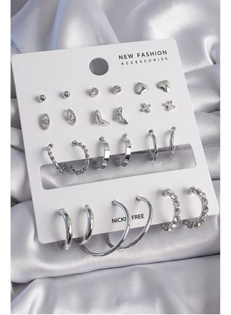 Pirinç Gümüş Renk 12 Çift Kadın Küpe Seti