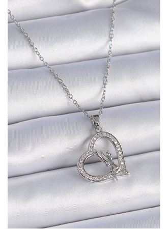 316L Çelik Zincir Gümüş Renk Zirkon Taşlı Kalp Model Melek Detay Kadın Kolye