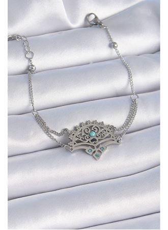 316L Çelik Gümüş Renk Mavi Taşlı Etnik Desen Kadın Bileklik