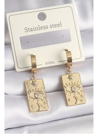 316L Çelik Gold Renk Zirkon Taşlı Göz İşleme Detay Plaka Model Kadın Küpe