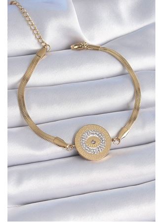 316L Çelik Gold Renk İtalyan Zincir Zirkon Taşlı Göz İşlemeli Madalyon Model Kadın Bileklik