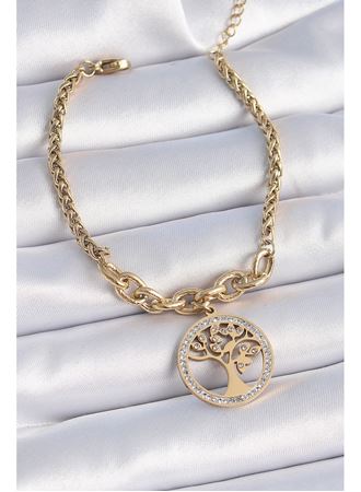 316L Çelik Gold Renk Zirkon Taşlı Yaşam Ağacı Figür Kadın Bileklik