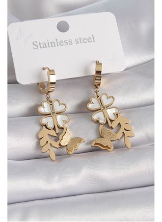 316L Çelik Gold Renk Beyaz Sedefli Yonca Simli Kelebek Figür Kadın Küpe