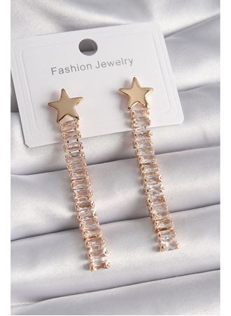 Pirinç Gold Renk Yıldız Model Su Yolu Zirkon Taşlı Kadın Küpe