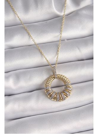 316L Çelik Gold Renk Zincir Gümüş Zirkon Taşlı Daire Model Kadın Kolye