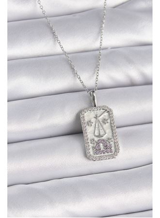 316L Çelik Gümüş Renk Terazi Burcu Zirkon Taşlı Kadın Kolye