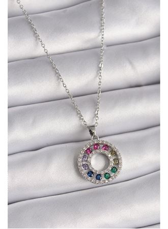 316L Çelik Gümüş Renk Zincir Renkli Zirkon Taşlı Madalyon Model Kadın Kolye
