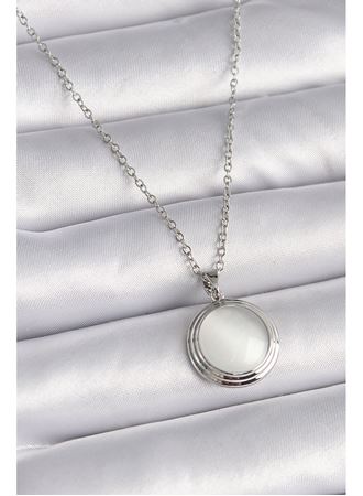 316L Çelik Gümüş Renk Beyaz Sedefli Daire Model Kadın Kolye